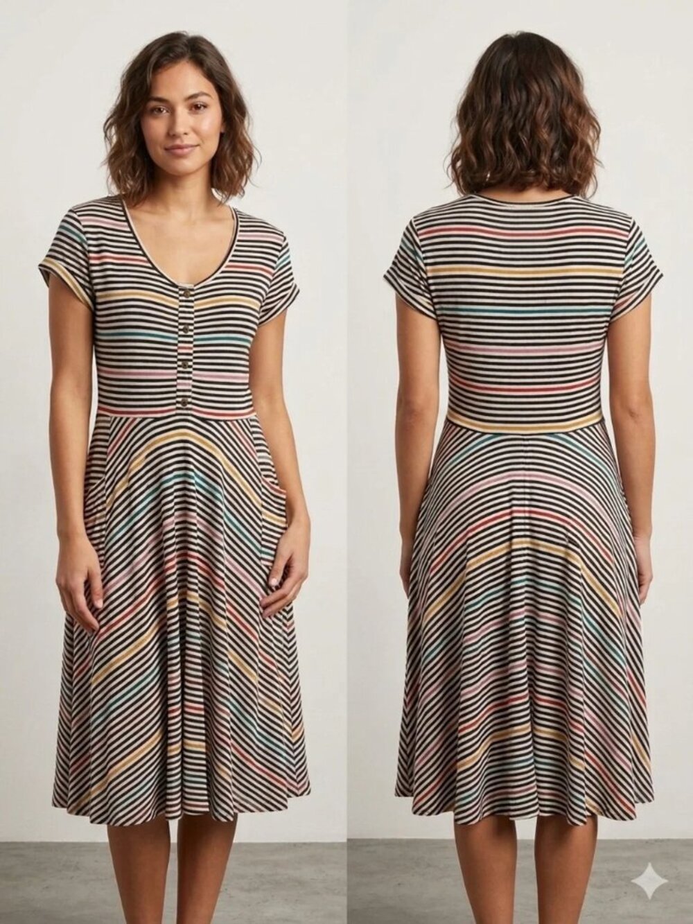 Effie's Heart Multicolor Rainbow Stripe Belted Dress Heart Buttons Pockets Med